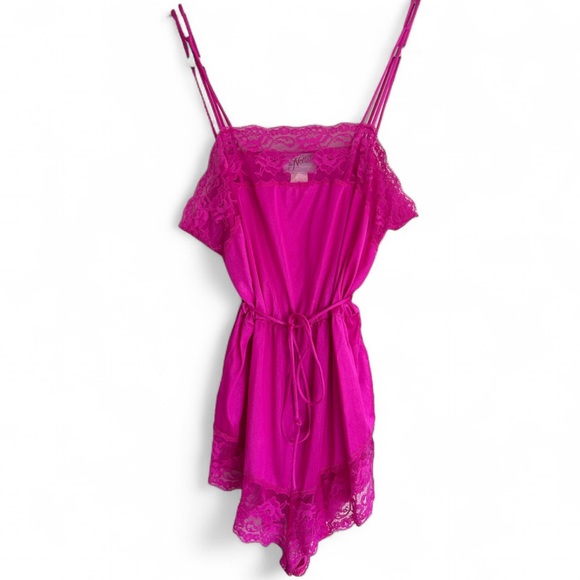 VINTAGE 80S LA NOTTE Teddy Romper Magenta Pink Lace Bodysuit Made in USA | Sz M - Picture 1 of 15
